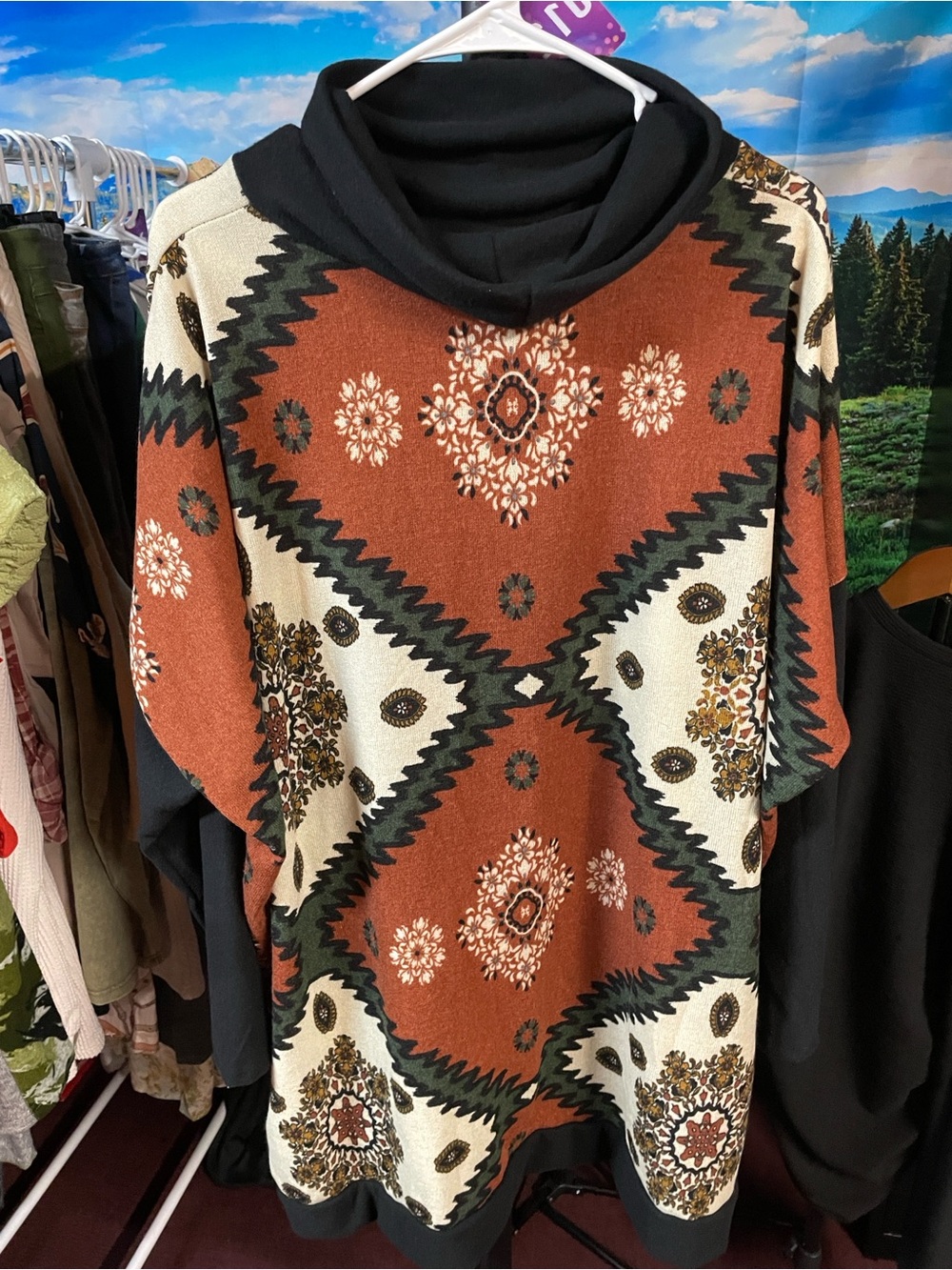 Rust Aztec-Print Cowl-Neck Sweater with Black Collar